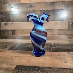 Vintage Smith's Old Timer Hand Blown Multi Colored Glass Ruffled Vase